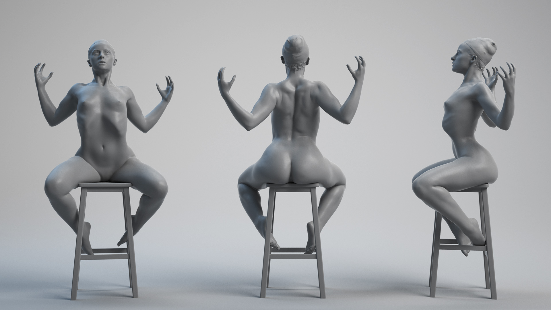 Woman with arms spread sat on a stool 3d model